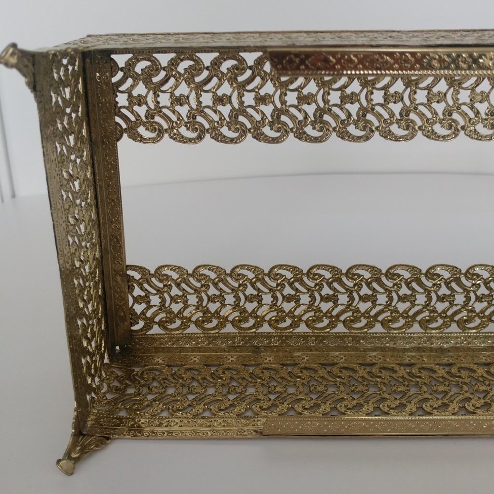 Vintage Brass Tone Filagree Tissue Box Holder | Hollywood Regency Footed Design - Picture 6 of 7
